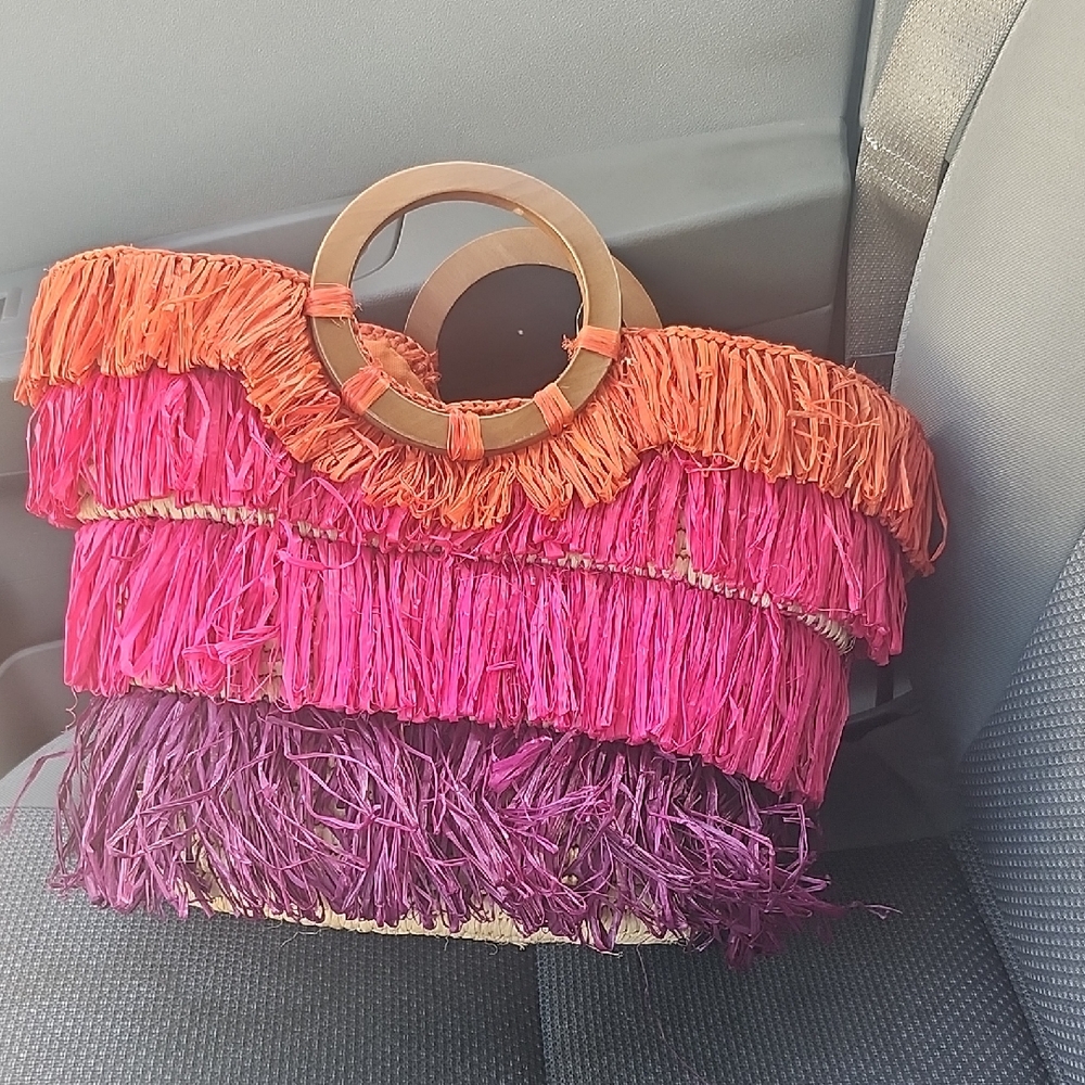 The Limited Woven Fringe Straw Tote in Orange, Pink & Purple